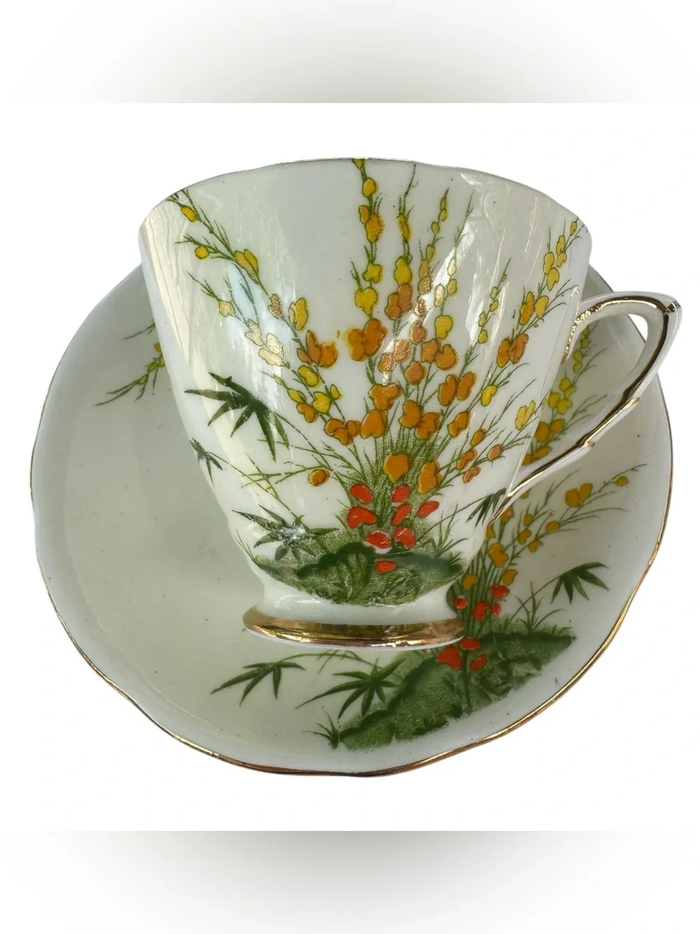 Vintage Royal Stafford Bone China Teacup & Saucer BROOM Pattern Made in England